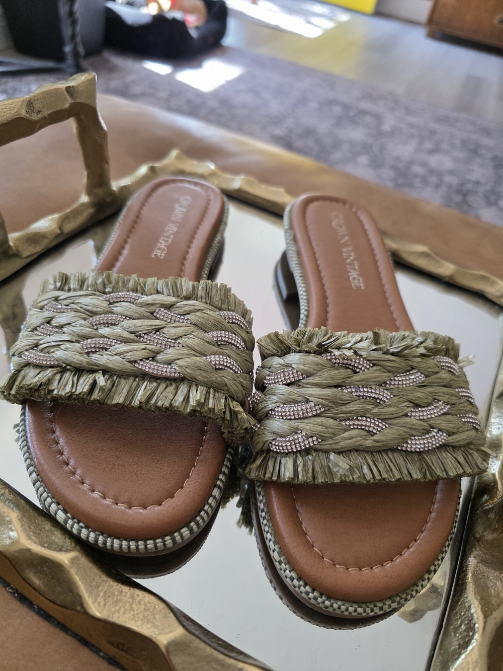 Crown Vintage Olive Braided Raffia Slide Sandals with Brown Footbed